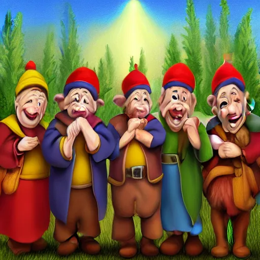 Image similar to seven dwarves in catholic religious garb with halos, background of poison apples, digital painting, glow realism