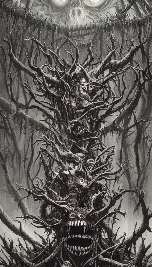 Prompt: a storm vortex made of many demonic eyes and teeth over a forest, by gerald brom,