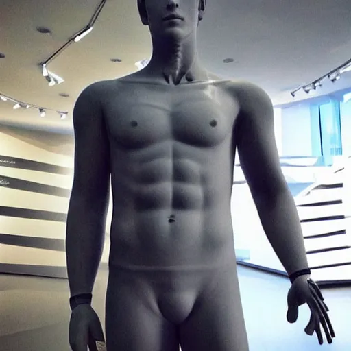 Image similar to “a realistic detailed photo of a guy who is an attractive humanoid who is half robot and half humanoid, who is a male android, actor Liam Hemsworth, shiny skin, posing like a statue, blank stare, at the museum, on display”