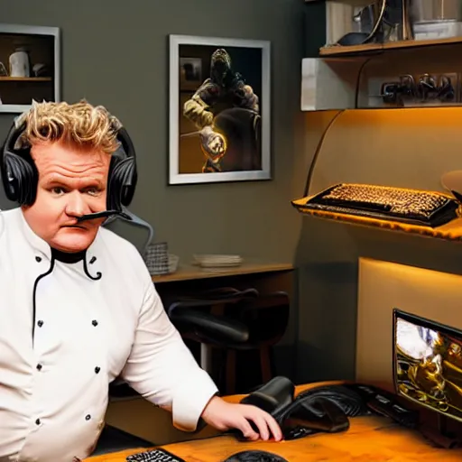 Image similar to obese Gordon Ramsey wearing a headset yelling at his monitor while playing WoW highly detailed wide angle lens 10:9 aspect ration award winning photography by David Lynch esoteric erasure head