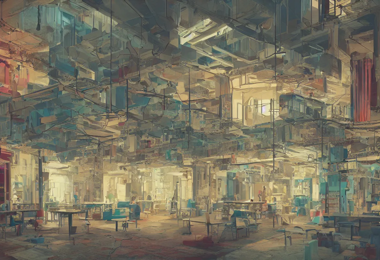 Image similar to beautiful painting of an interior location in tel aviv, art by mike winkelmann and gregory crewdson, colorful, illustration, highly detailed, simple, smooth and clean vector curves, no jagged lines, vector art, smooth, artstation