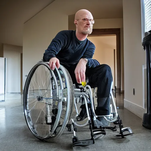 Image similar to flynn white from breaking bad unable roll his wheelchair upstairs, sharp focus, hyper realistic, sony 3 5 mm lens