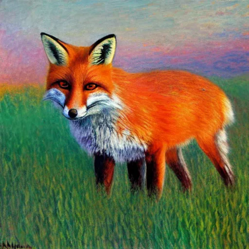 Image similar to a painting of a fox sitting in a field at sunrise in the style of claude monet