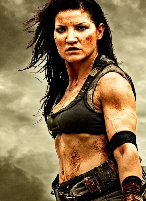 Image similar to photography gina carano prehistoric postapocalyptic survivor cinematic