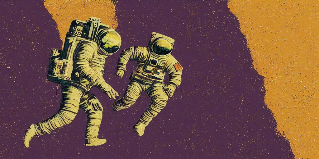 Image similar to insane _ detail _ textured _ art _ deco _ painting _ of _ astronaut _ running _ on _ surface _ of _ tiny _ planet _ full _ body _ flying _ from _ bottom _ left _ to _ top _ right _ muted _ greens _ and _ browns _ geometric _ gold _ and _ deep _ purple _ vaporwave