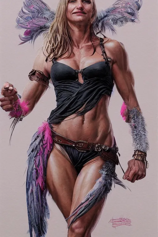 Prompt: muscled Cameron Diaz as a ruggedly handsome hero wearing pink feathers, intricate, elegant, tasteful, highly detailed, centered, digital painting, artstation, concept art, smooth, sharp focus, illustration, art by artgerm and donato giancola and Joseph Christian Leyendecker, WLOP