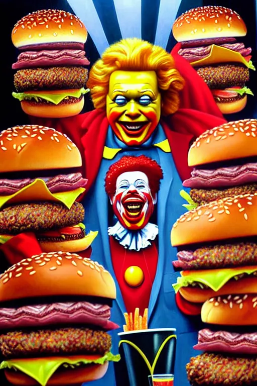 Image similar to a hyperrealistic painting of an epic boss fight ronald mcdonald ornate supreme dark overlord, gross hamburgers and fries, cinematic horror, by chris cunningham, lisa frank, richard corben, highly detailed, vivid color,