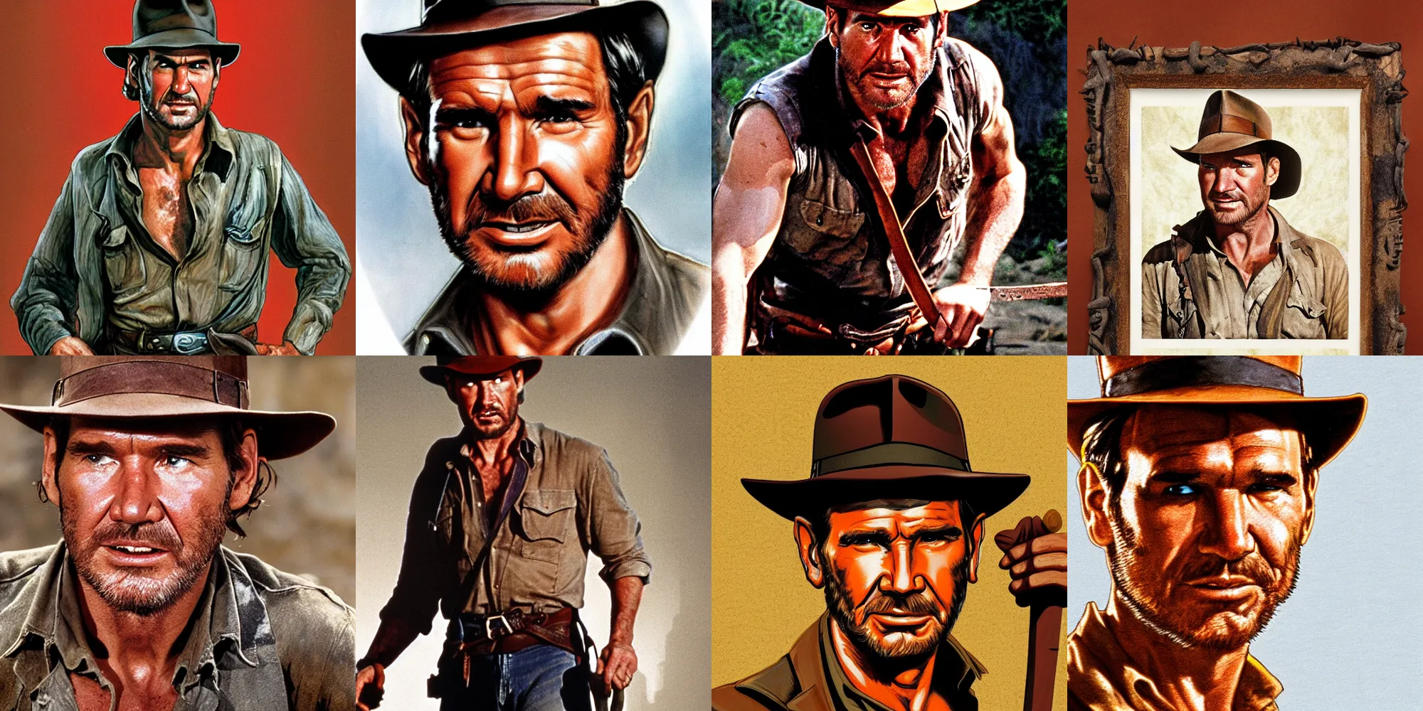 Prompt: zoomed out portrait of Indiana Jones, 1980, rugged, ripped clothes holding whip, Tran, Ross