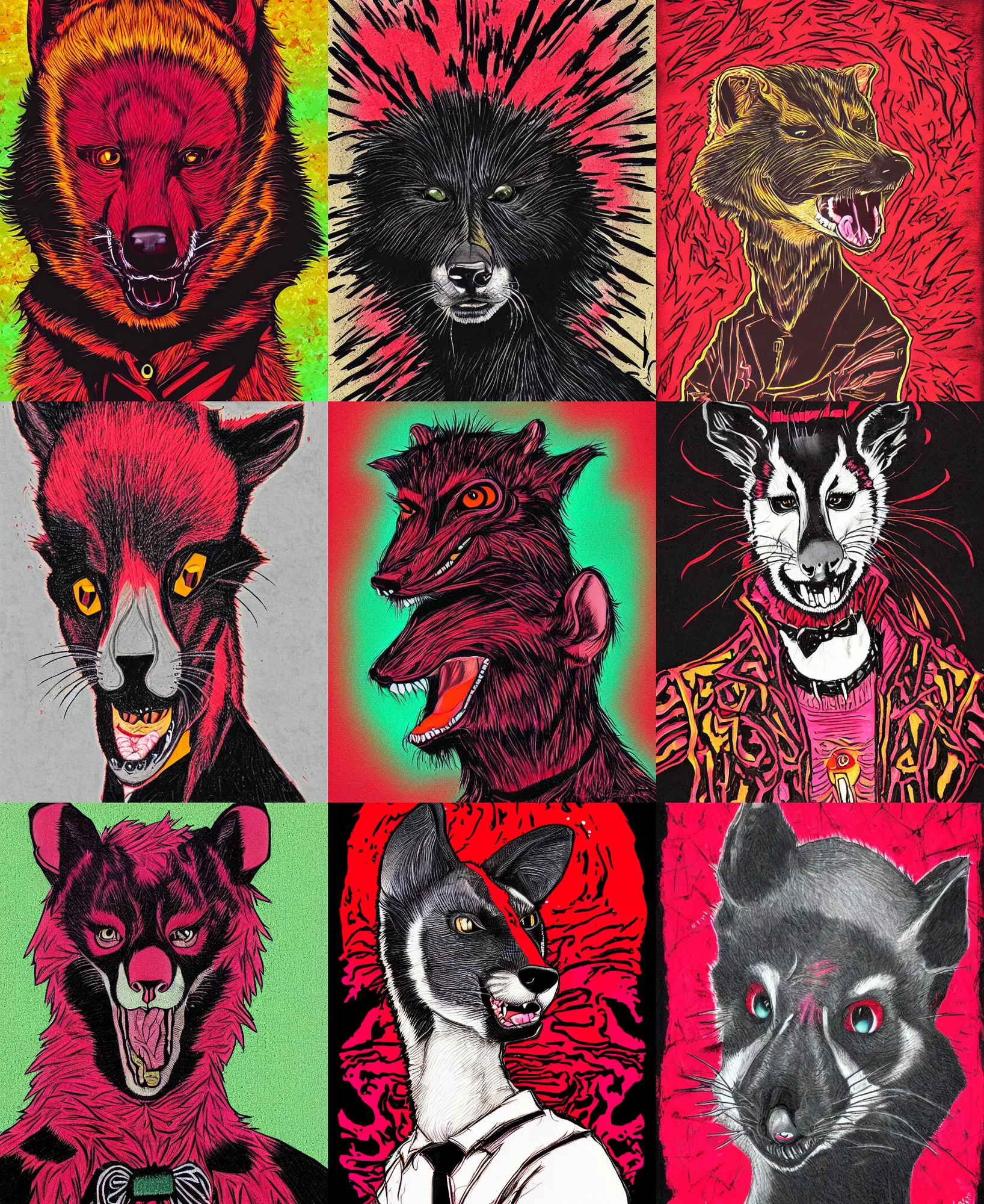Prompt: handsome weasel fursona portrait, male, red - black, dark psychedelia style, refer to late timothy leary, schizophrenic art