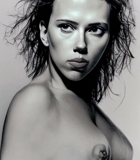 Image similar to a high quality, high detail, photorealistic portrait of scarlett johansson by james nachtwey and lucian freud,