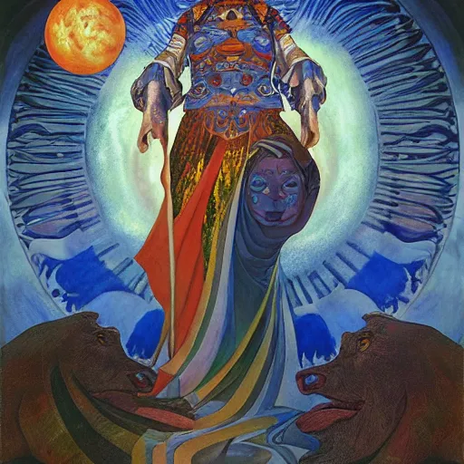 Image similar to queen of the moon with her lantern and regalia, by donato giancola and nicholas roerich, and diego rivera, and leo and diane dillon, symbolist, tattoos, dramatic lighting, elaborate geometric ornament, art brut, god rays, soft cool colors, smooth, sharp focus, extremely detailed