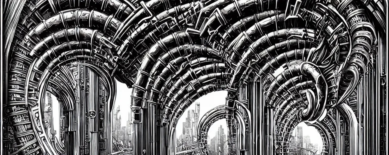 Image similar to a double helix dna cyberpunk steampunk stone carved archway, art deco high details, lineart, by vincent di fate and joe fenton, inking, screen print, masterpiece, trending on artstation, sharp, high contrast, hyper - detailed, ultrawide, hd, 4 k, 8 k