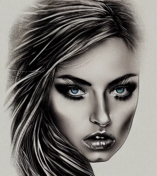 Prompt: tattoo design sketch of a sexy woman face with a faded background of beautiful mountains and nature on her side, hyper - realistic, in the style of den yakovlev, amazing detail, black and white
