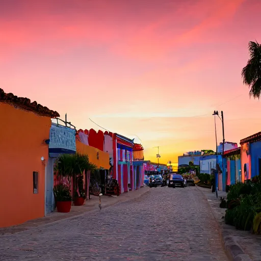Prompt: a very high quality photo of a beautiful hispanic town during sunset