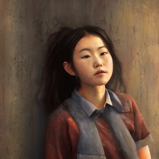 Image similar to a perfect, realistic professional oil painting of a Japanese schoolgirl posing in a dystopian alleyway, close-up, by a professional American senior artist on ArtStation, a high-quality hollywood-style concept