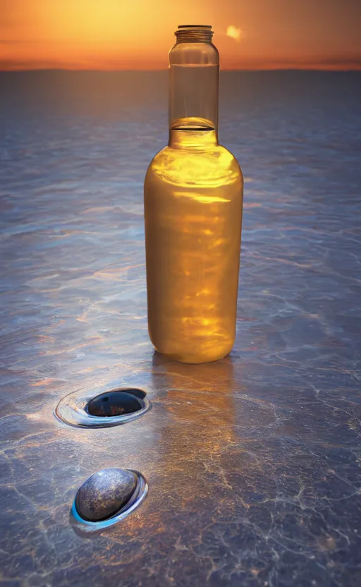 Image similar to a supernova inside a water bottle on a wooden table, hyperrealistic, concept art, octane render, unreal engine 5, trending on artstation, high quality, highly detailed, 8 k hdr, soft lighting, path traced, a beach at sunset in the background, bloom, high coherence, symmetrical, high contrast, digital art, serene landscape, cinematic