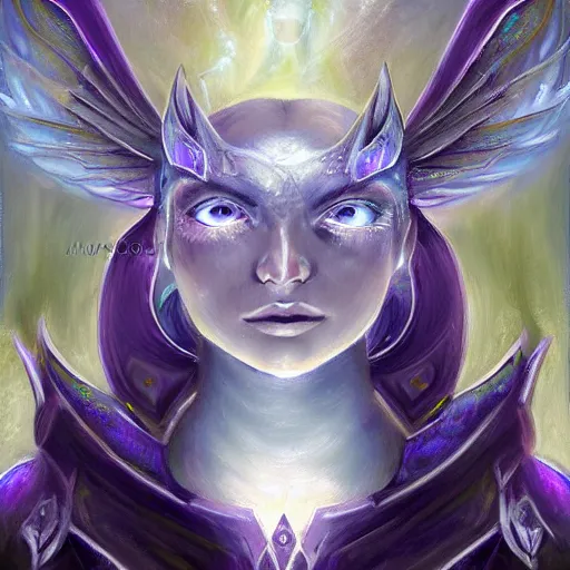 Image similar to Shoulder level close up portrait of a seraphim angel fused with wisp night elves from warcraft 3 , neo solar punk future future metaverse minimal intricate cyborg, sculpted technology tech techno angelic warrior by Mandy Jurgens, cartoon, oil painting , visionary art, symmetric, Heavenly symbols, holy halo, astral patterns, sci-fi