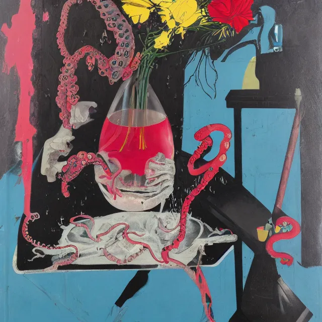 Image similar to empty room with black walls, sensual portrait of a female pathologist, broken vase of flowers and water, octopus, squashed berries, neo - expressionism, surrealism, acrylic and spray paint and oilstick on canvas