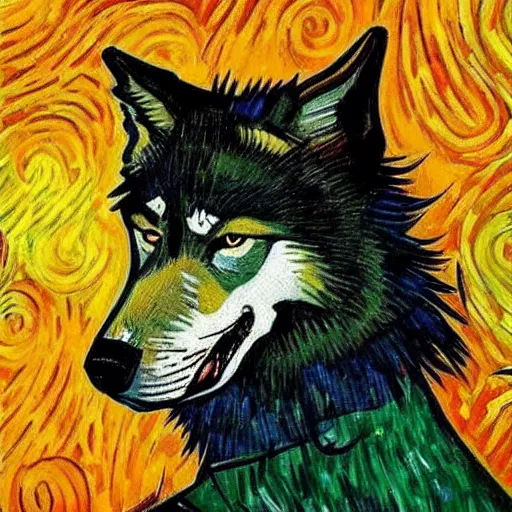 Image similar to retard wolf, van gogh, vivid colors, portrait paintin,