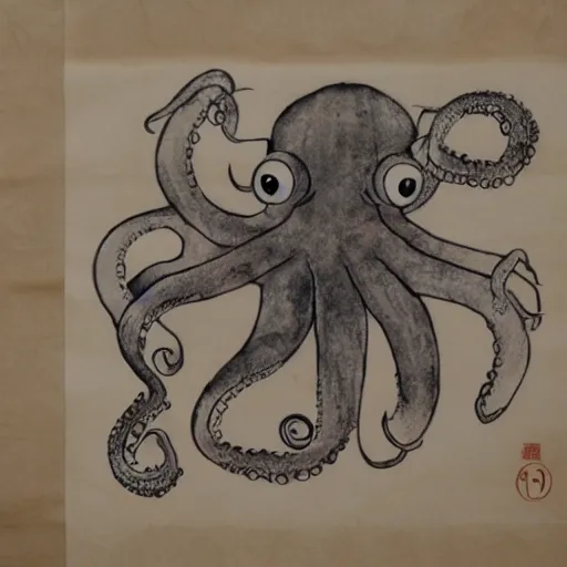 Image similar to a pig - octopus, calligraphy, ink on japanese rice paper