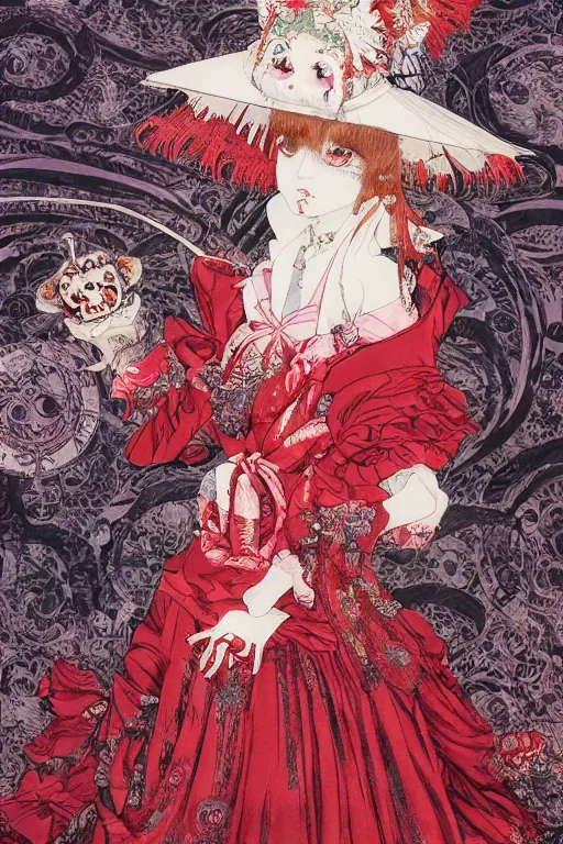 Prompt: watercolor painting of an avant - garde japanese cat queen in a victorian lolita fashion red dress in the style of lovecraftian horror painted by yoshitaka amano, takato yamamoto, ayami kojima, dmt art, symmetrical vogue face portrait, intricate detail, artstation, cgsociety, artgerm, rococo