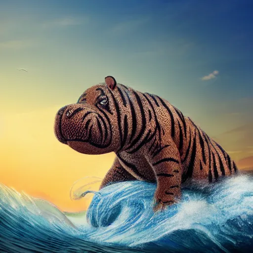 Image similar to a closeup photorealistic photograph of a cute smiling knitted tiger hippopotamus riding an epic wave at sunset. surf in the background. professional capture. brightly lit scene. this 4 k hd image is trending on artstation, featured on behance, well - rendered, extra crisp, features intricate detail, epic composition and the style of unreal engine.