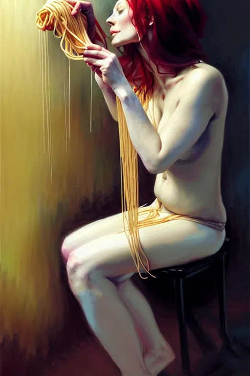 Image similar to a beautiful woman tied to a chair using spaghetti, a woman wrapped in spaghetti, painting by Charlie Bowater and Gerald Brom