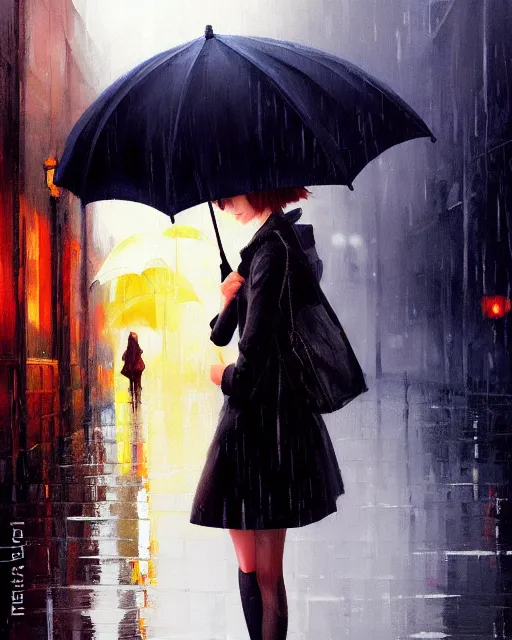 Image similar to A ultradetailed beautiful portrait panting of a stylish girl with an umbrella, rainy day, Oil painting, by Ilya Kuvshinov, Greg Rutkowski and Makoto Shinkai