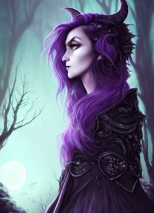 Prompt: moon in the background, side portrait dark witch!!!!!!!!!!, adventurer outfit large cloak, fantasy forest landscape, dragon scales, fantasy magic, undercut hairstyle, short purple black fade hair, dark light night, intricate, elegant, sharp focus, illustration, highly detailed, digital painting, concept art, matte, art by WLOP and Artgerm and Greg Rutkowski and Alphonse Mucha, masterpiece