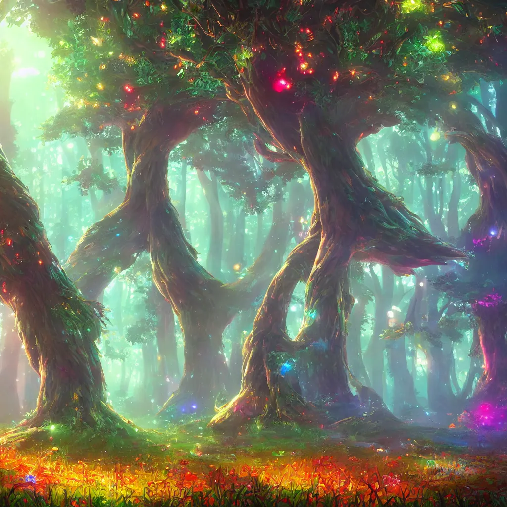 Image similar to huge trees, misty nighttime. radiating colorful energy. photorealistic, moody atmosphere,, holographic undertones, intricate and detailed, highly saturated colors. ori and the blind forest, breath of the wild style, studio ghibli!!!. trending on artstation. award winning, daily deivation