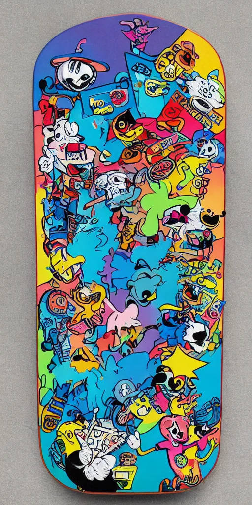 Image similar to fuzzbucket skateboard art by jamie thomas and toy machine, disney channel,