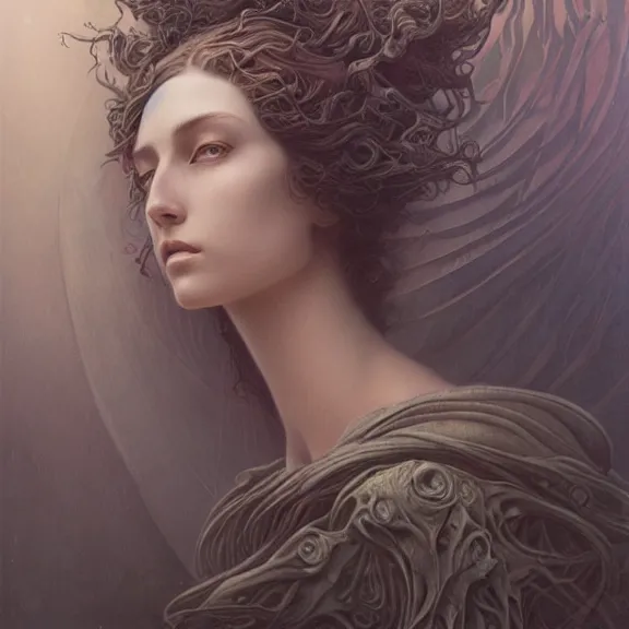 Image similar to a highly detailed beautiful portrait in the style of jean delville and in the style of peter mohrbacher.