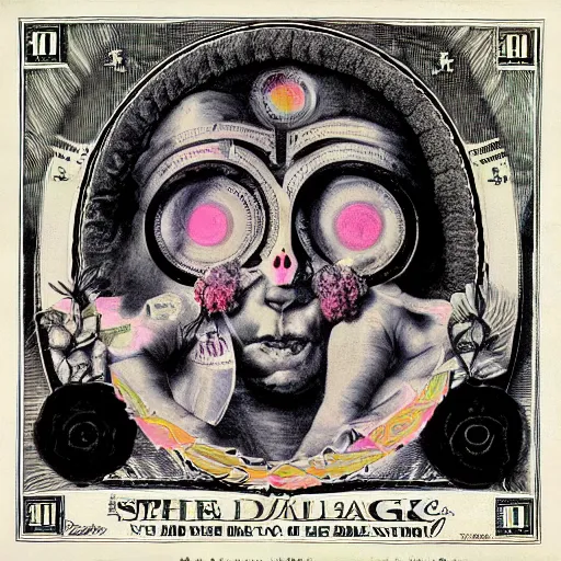 Image similar to post - punk new age album cover, asymmetrical design, dollar bank notes, capitalism, magic, apocalypse, psychedelic, black white pink, magic, giger h. r., giuseppe arcimboldo