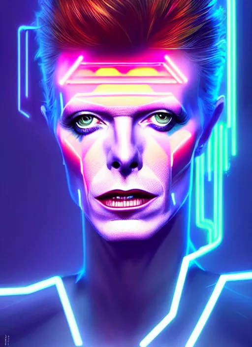 Image similar to portrait of david bowie cyber humanoid, intricate, elegant, cyber neon lights, highly detailed, digital painting, artstation, glamor pose, concept art, smooth, sharp focus, illustration, art by artgerm and greg rutkowski