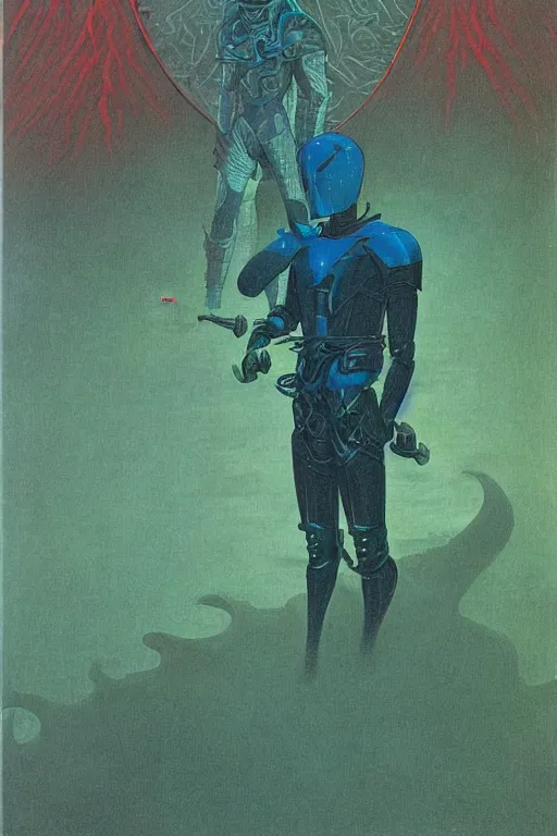 Prompt: portrait of gothic and futuristic young man, warhammer, cyber armor, a lot of scars, thunderstorm, blue head, red eyes, some green, the middle ages, highly detailed, artstation, in the style of moebius, jugendstil and classic japanese print, art by rene magritte, jean delville