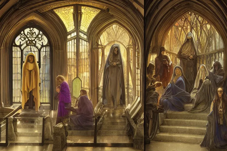 Image similar to inside the sepulchre, dark scene, light coming in from the left, steps leading down, 3 marys crouching in colored robes at the tomb | medium close | fibonacci composition, by artgerm, greg rutkowski, paul bagshaw, alphonse mucha