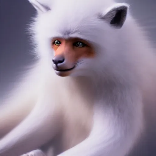 Image similar to fox as a monkey, fluffy white fur, very long tail, award winning creature portrait photography, extremely detailed, artstation, 8 k, sensual lighting, incredible art, wlop, artgerm