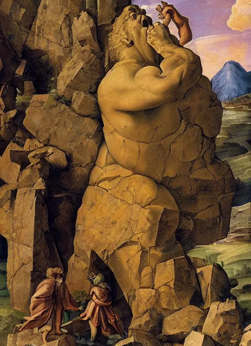 Prompt: the stone colossus placing a boulder, highly detailed, beautiful colors, renaissance mural, golden ration, in the style of sandro boticceli