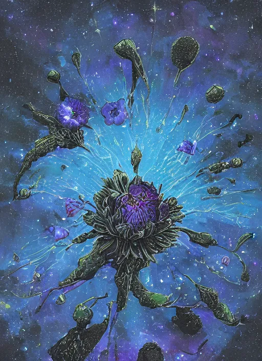 Image similar to detailed, intricate blue black and purple papaverum flower on the field, nebula, galaxy in the sky, winning award masterpiece, fantastically beautiful, illustration, aestheticly inspired dan mumford, upscale with anguissola sofonisba work, artstation, 8 k