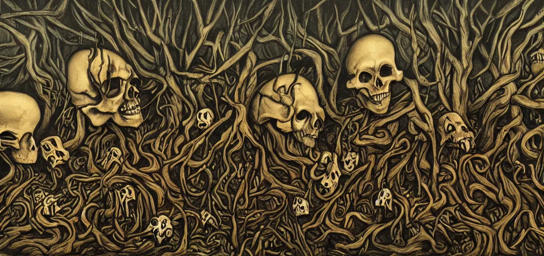Image similar to A horror painting of a dark fantasy forest, skulls, bones, pain, agony, sorrow