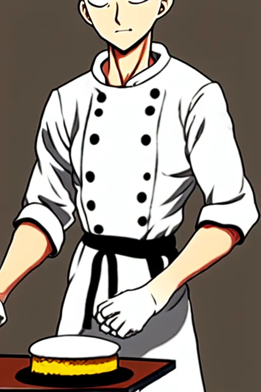 Image similar to chef saitama one punch man, dressed as a pastry chef, making a cake, anime artwork