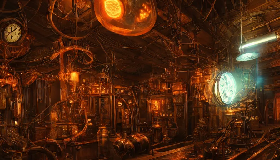 Prompt: A glowing electrical Steampunk spectacles in a victorian museum, james gurney, cinematic lighting, lots of steam and sparks, wires made of copper, artstation, vibrant nature, Tuomas Korpi, tekkon kinreet, volumetric light, artstation, , octane render, redshift render, low angle camera, rich deep moody colors
