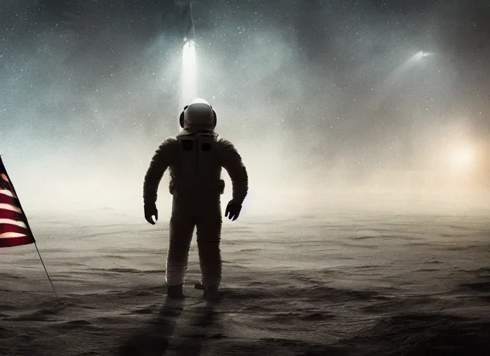 Image similar to astronaut holding a flag in an underwater desert. a submarine is visible in the distance. dark, concept art, cinematic, dramatic, atmospheric, 8 k, trending on artstation, blue, fish, low visibility, fog, ocean floor, christopher nolan, interstellar