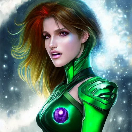 Image similar to ultra realistic illustration, bella thorne as starfire anime with glowing green eyes, intricate, elegant, highly detailed, digital painting, artstation, concept art, smooth, sharp focus, illustration, art by artgerm and greg rutkowski and alphonse mucha