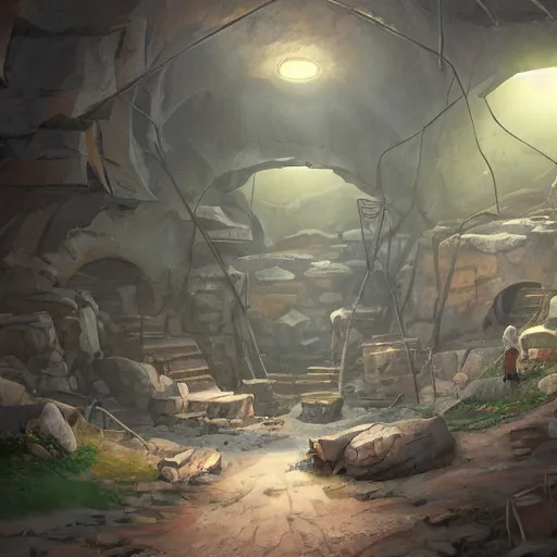 Image similar to concept art painting of inside a mine mineshaft with rock crystals, realistic, detailed, cel shaded, in the style of makoto shinkai and greg rutkowski and james gurney