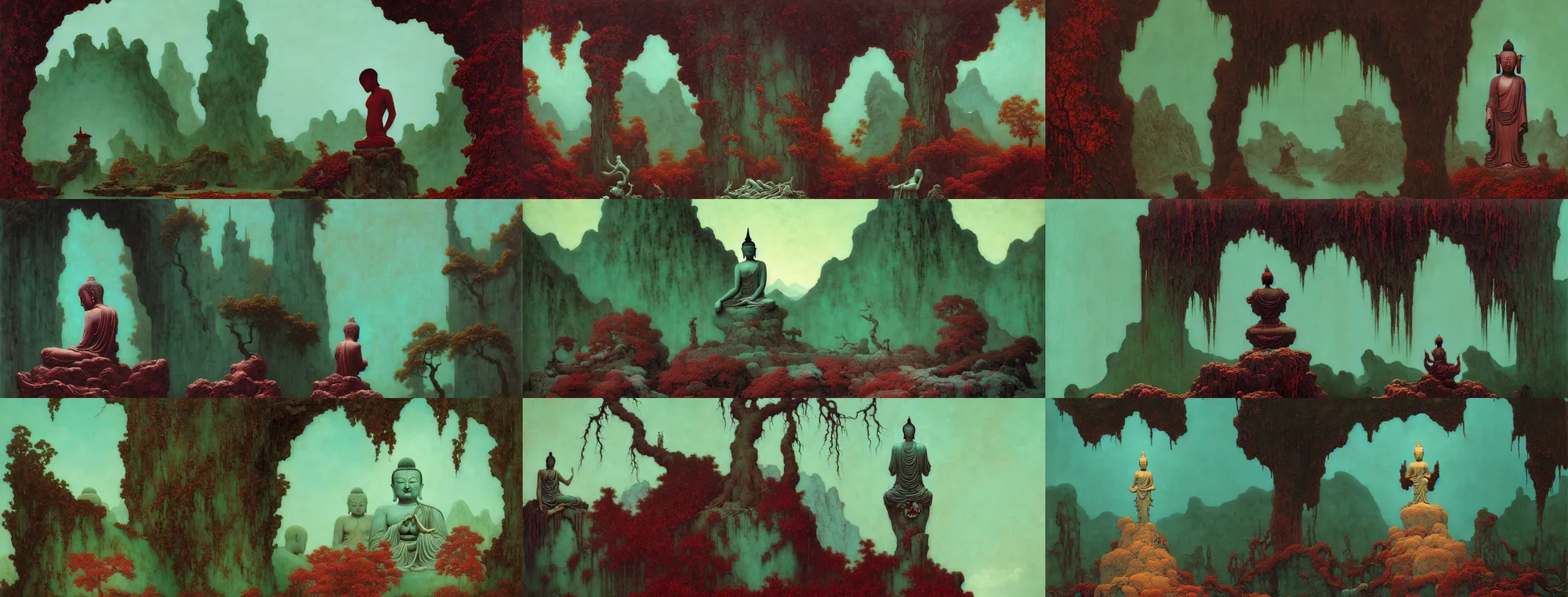 Prompt: a gorgeous bleak autumn painting by barlowe wayne, maxfield parrish, gustave dore and marco mazzoni. close - up shot on a lonely huge wet chinese buddha statue, broken, stone gate to the dark cave, vines. tiffany blue, maroon, blackish green. the winding stone steps. ultra clear detailed. 3 d, octane render. turbulent blood lake.