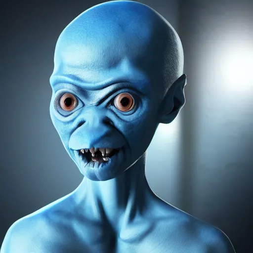 Image similar to a female humanoid alien with blue skin and large black eyes with a short side cut