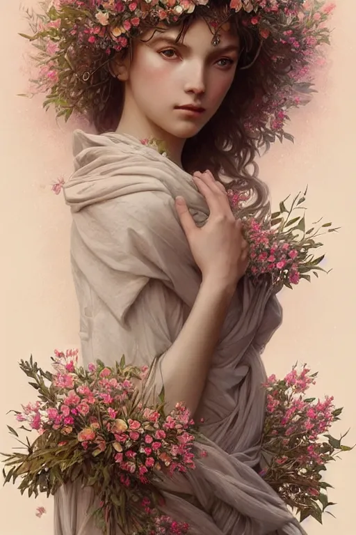 Image similar to symmetry!! full body portrait!!!! of a beautiful!!!! girl, pretty face, decorated with twigs and flowers, intricate, elegant, highly detailed, digital painting, artstation, concept art, smooth, sharp focus, illustration, art by artgerm and greg rutkowski and alphonse mucha, 8 k