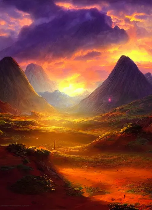 Prompt: a beautiful concept art painting of a sunrise on a peruvian landscape, beautiful lighting, fantasy art