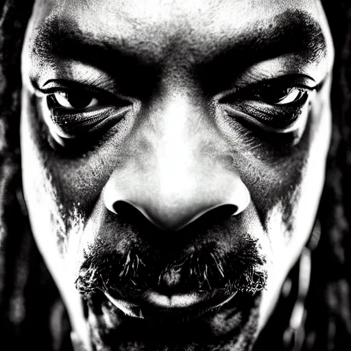 Image similar to a film still of Snoop Dogg as a Marvel Villian, 40mm lens, shallow depth of field, split lighting